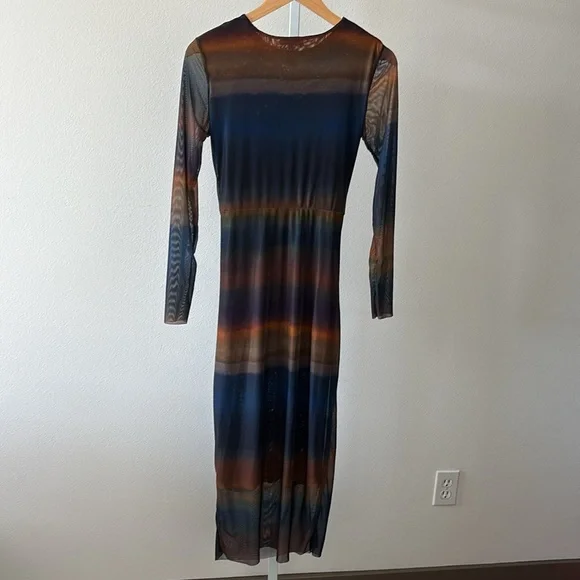 BodyCon Dress L Ruched Ombre Sunset Sheer Sleeves Y2K Dark Fairy Ethereal Grunge - Picture 7 of 15